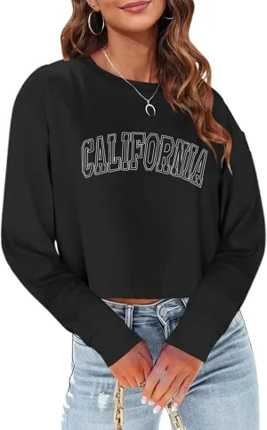 Sumtory Women Long Sleeve Crew Neck Sweat Shirts Loose Fit Letter Print Pullovers Crop Tee Tops