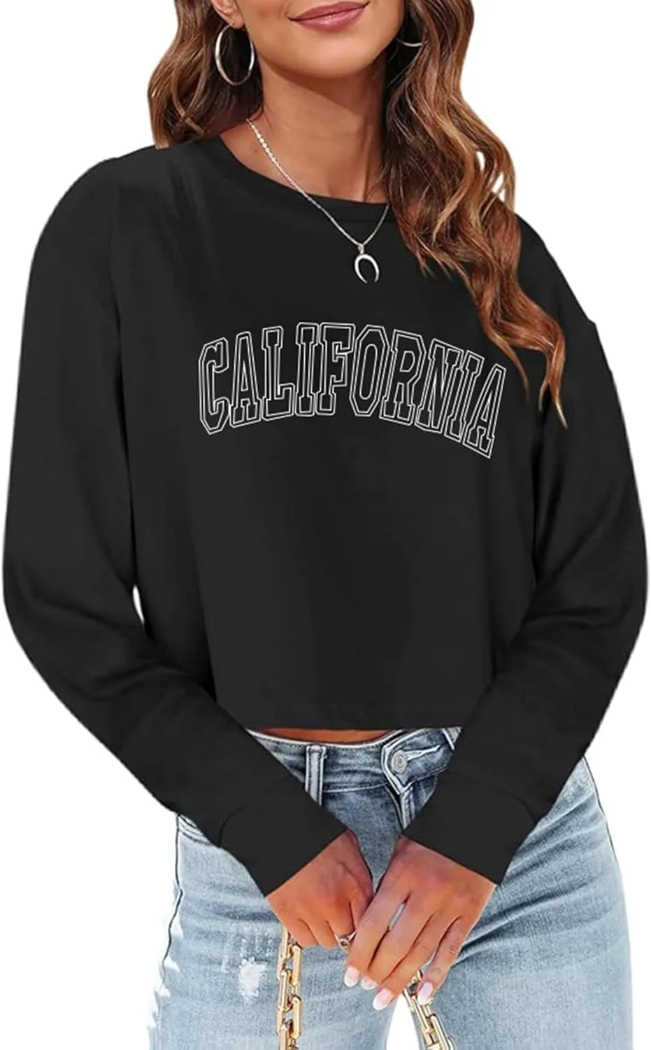 Sumtory Women Long Sleeve Crew Neck Sweat Shirts Loose Fit Letter Print Pullovers Crop Tee Tops