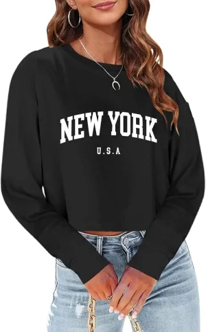 Sumtory Women Long Sleeve Crew Neck Sweat Shirts Loose Fit Letter Print Pullovers Crop Tee Tops