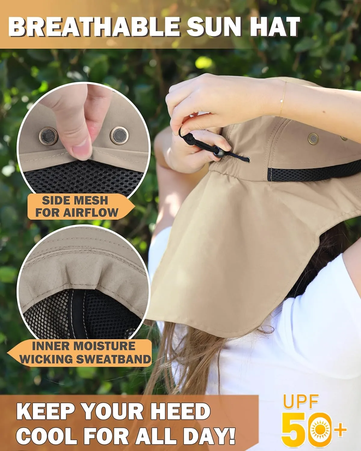 Tirrinia Neck Flap Sun Hat with Wide Brim - UPF 50  Hiking Safari Fishing Caps for Men and Women, Perfect for Outdoor Adventures