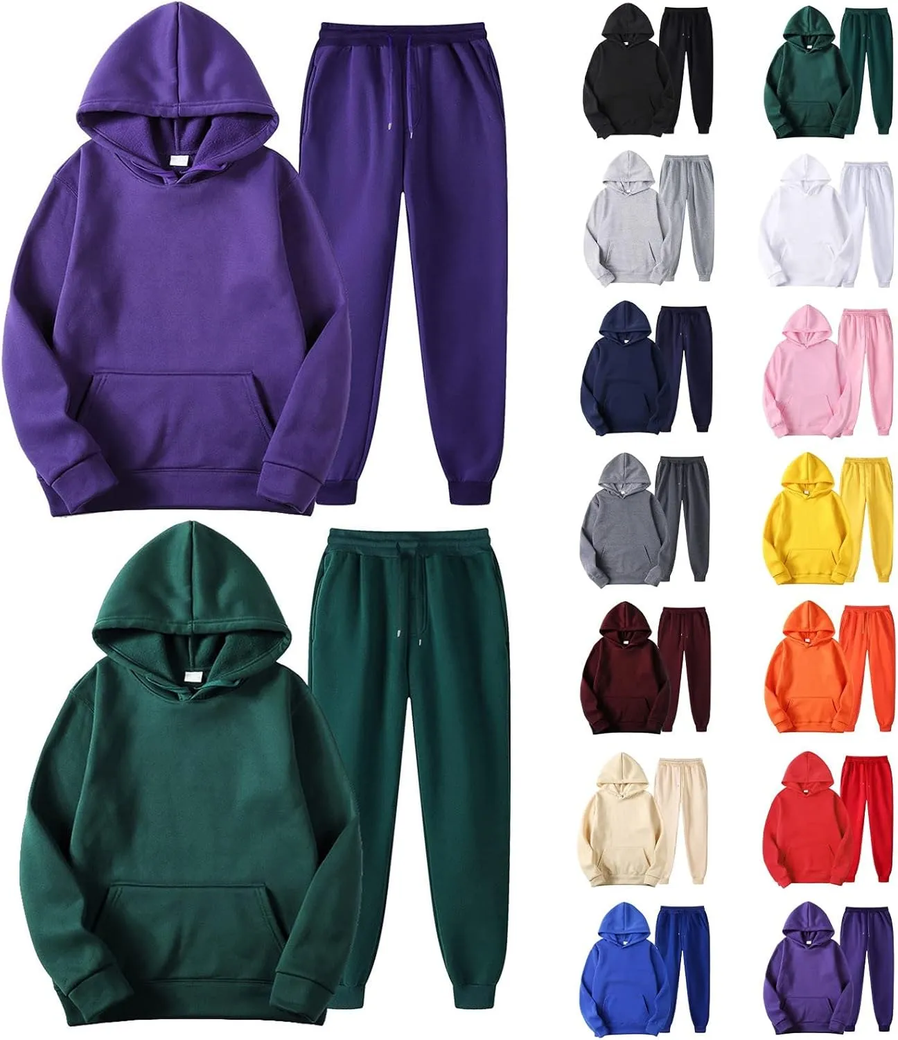 Tracksuit 2 Piece Autumn Winter Solid Casual Jogger Gym Sport Pocket Long Sleeve Sweatsuit Hoodies and Sweatpant Set