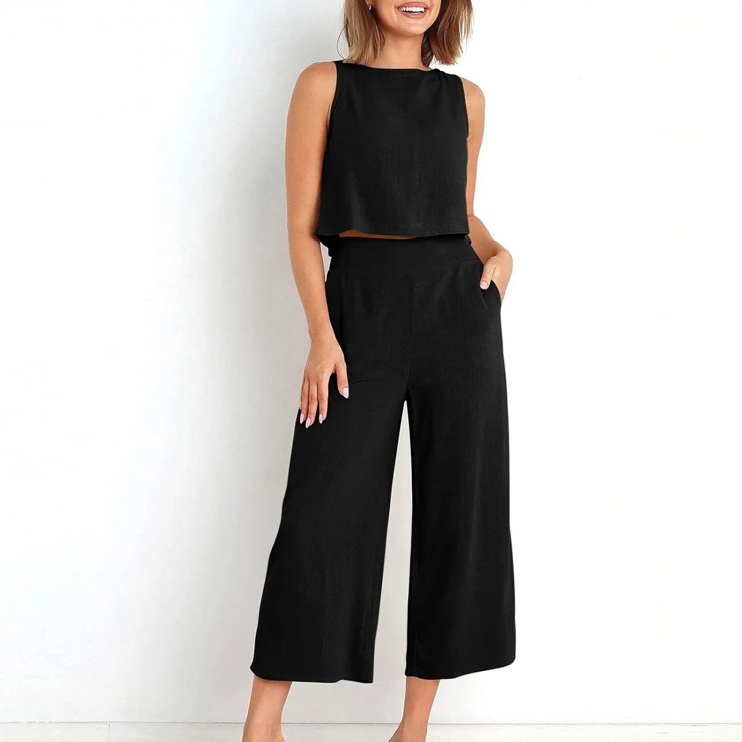Tracksuit For Women 2 Piece Set 2025 Cotton Linen Wide Leg Two Piece Pants Casual Crop Tant Tops Summer Lounge Sets