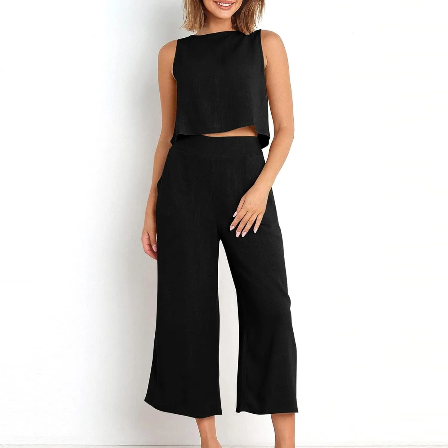 Tracksuit For Women 2 Piece Set 2025 Cotton Linen Wide Leg Two Piece Pants Casual Crop Tant Tops Summer Lounge Sets
