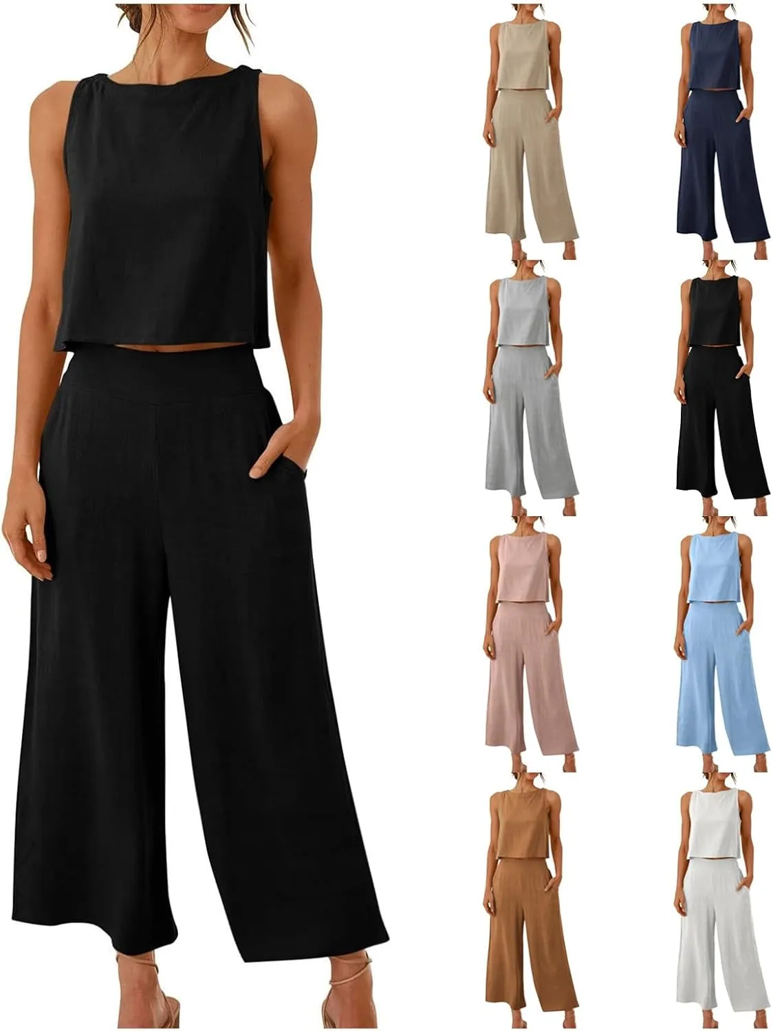 Tracksuit For Women 2 Piece Set 2025 Cotton Linen Wide Leg Two Piece Pants Casual Crop Tant Tops Summer Lounge Sets