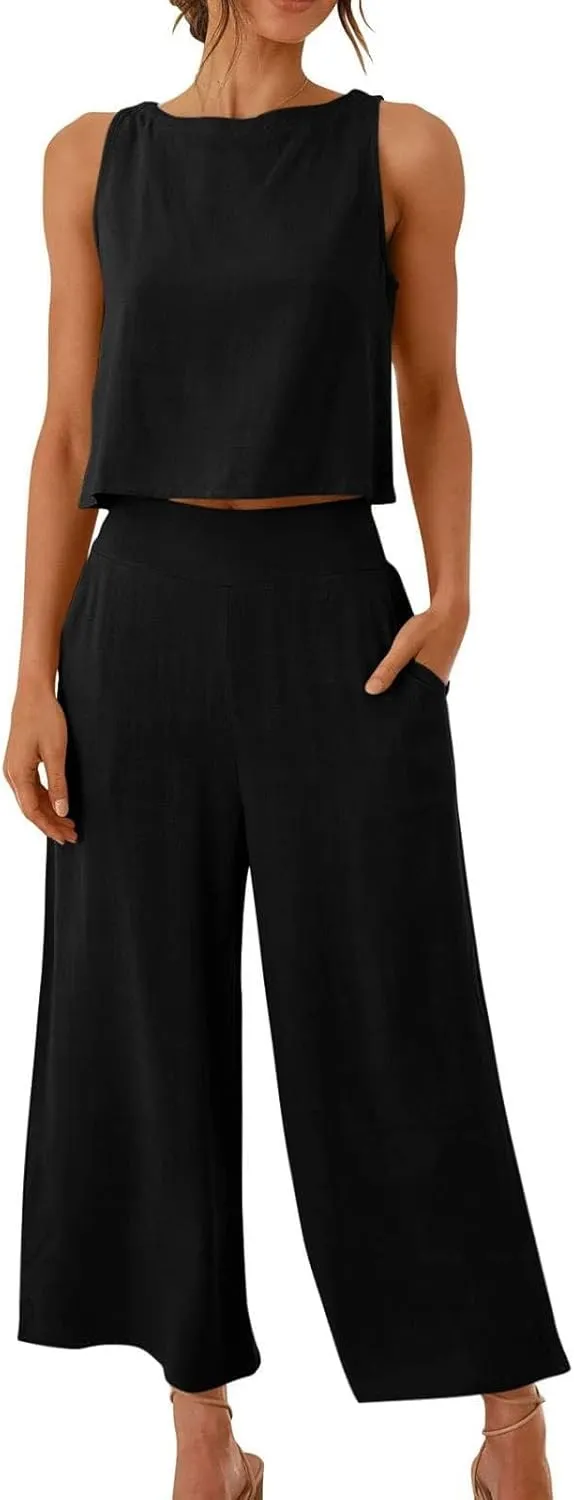 Tracksuit For Women 2 Piece Set 2025 Cotton Linen Wide Leg Two Piece Pants Casual Crop Tant Tops Summer Lounge Sets