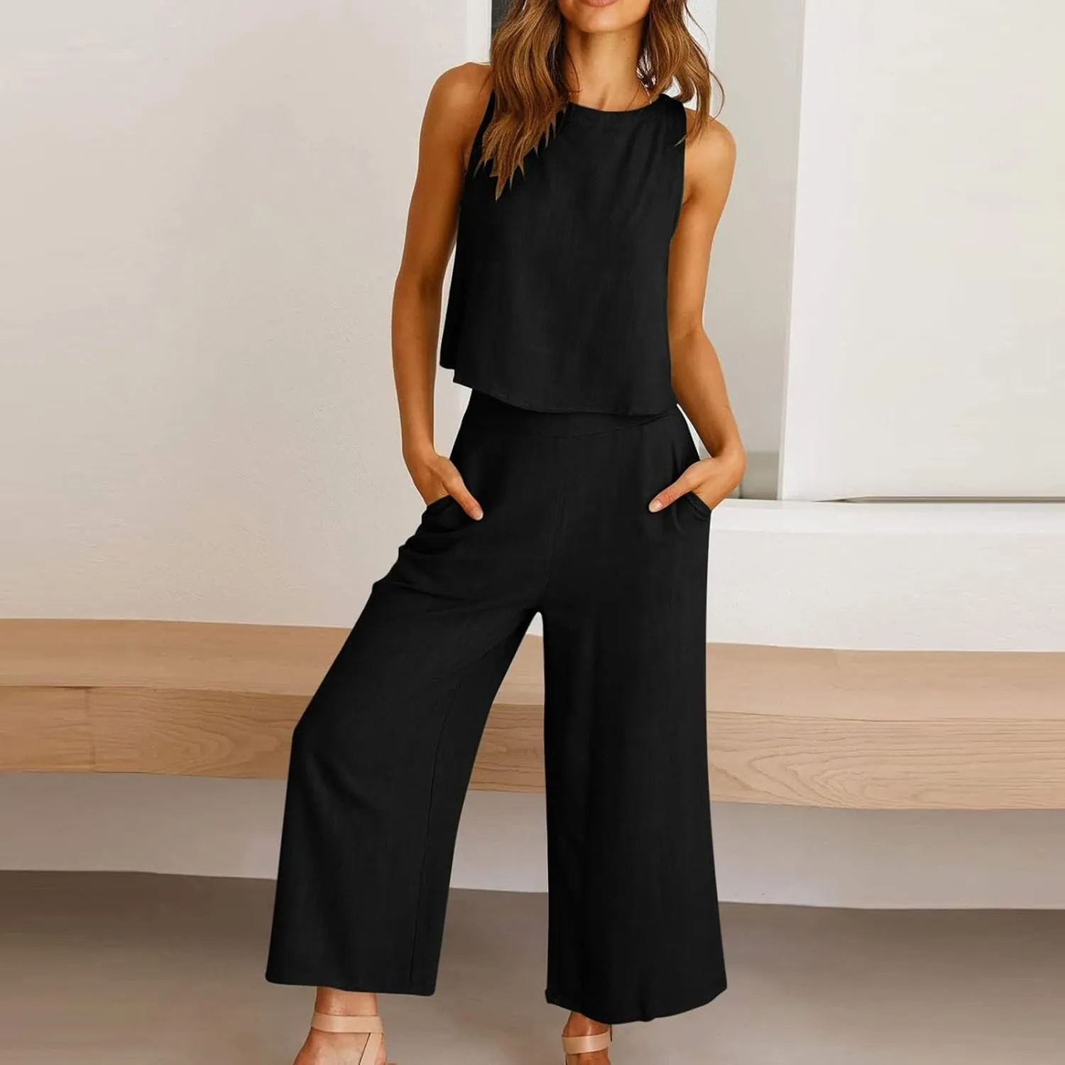 Tracksuit For Women 2 Piece Set 2025 Cotton Linen Wide Leg Two Piece Pants Casual Crop Tant Tops Summer Lounge Sets