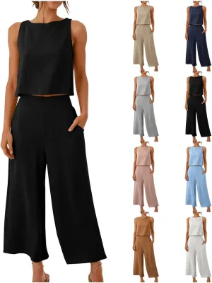 Tracksuit For Women 2 Piece Set 2025 Cotton Linen Wide Leg Two Piece Pants Casual Crop Tant Tops Summer Lounge Sets