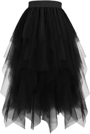 Tulle Skirts for Women Mesh Tiered Layered Asymmetrical Hem High Low Elastic High Waist Prom Party Tutu Midi Skirt