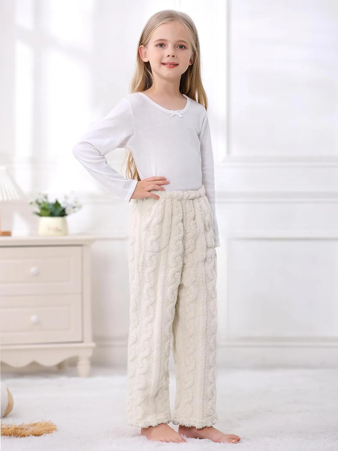 Umeyda Girl's Women's Fuzzy Pajama Pants Elastic Waist Fleece Plush Loungewear Pj Pants with Pockets, 6Years-XL