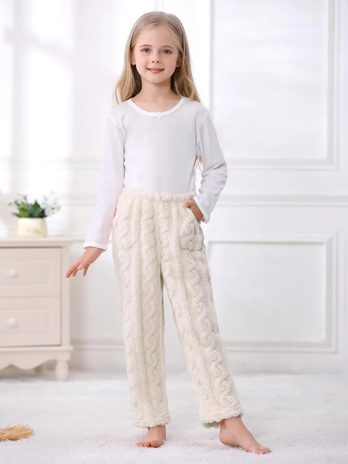 Umeyda Girl's Women's Fuzzy Pajama Pants Elastic Waist Fleece Plush Loungewear Pj Pants with Pockets, 6Years-XL