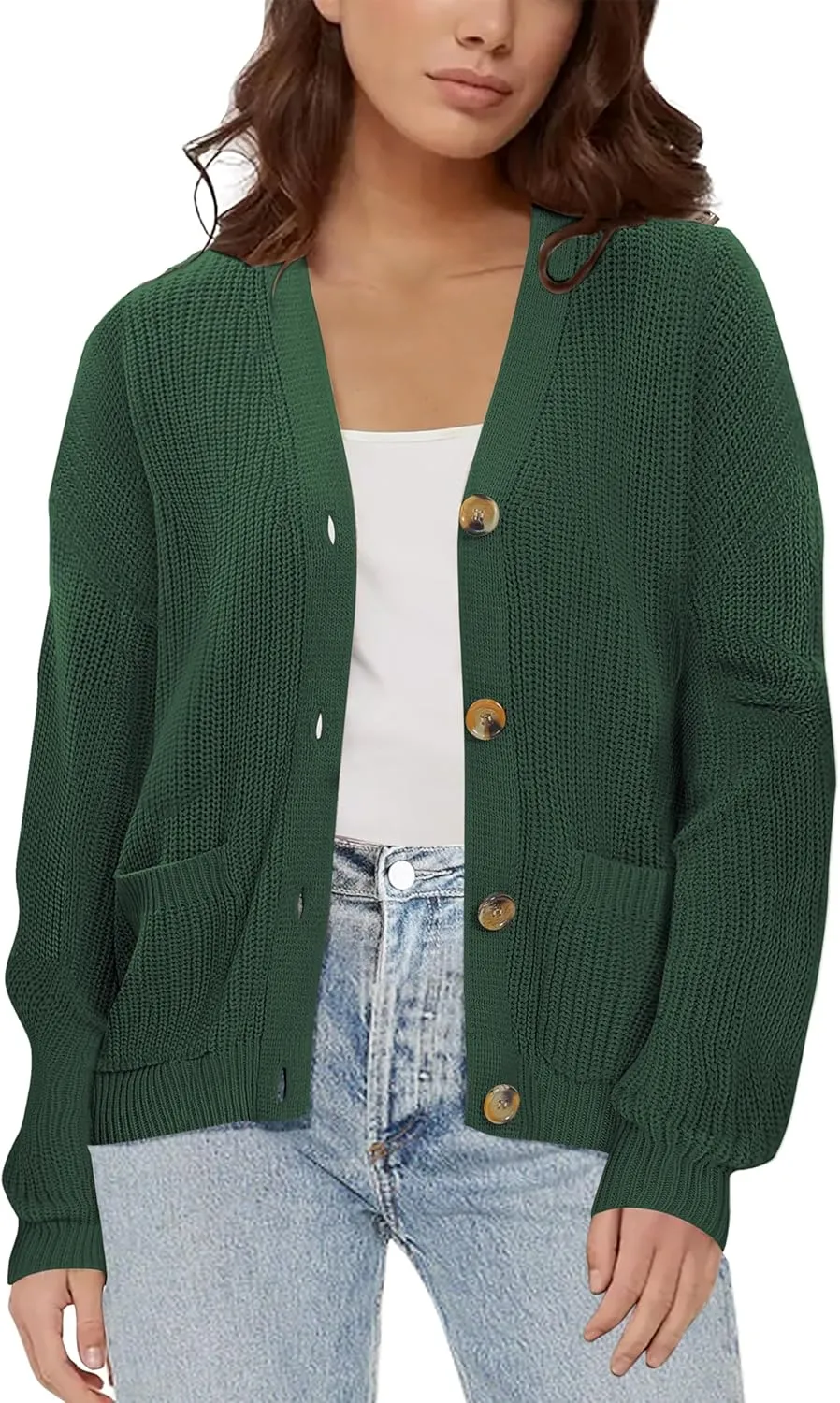 Urban CoCo Women's Lightweight Knit Open Front V-Neck Long Sleeve Button Down Casual Cardigan with Pockets