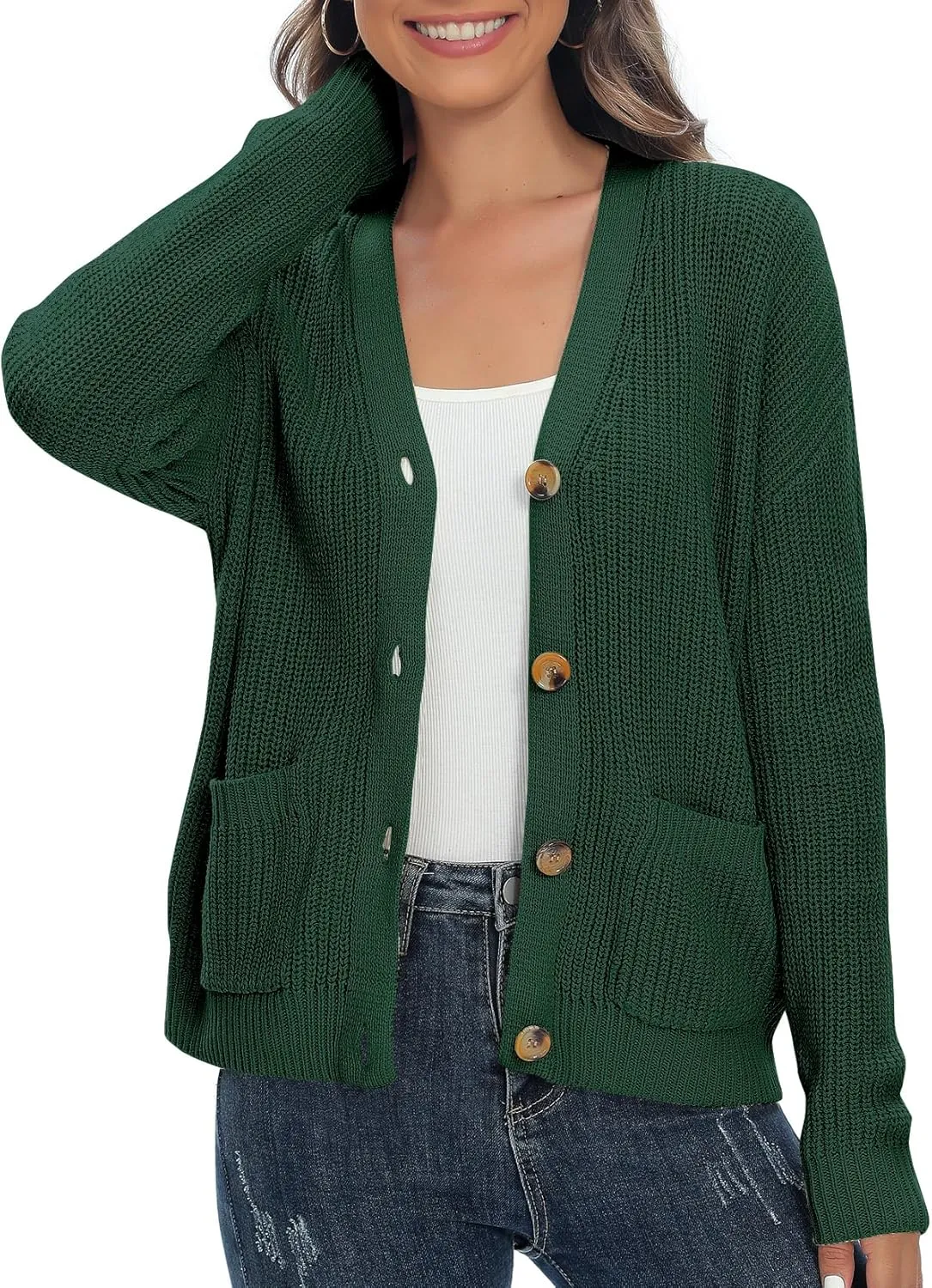Urban CoCo Women's Lightweight Knit Open Front V-Neck Long Sleeve Button Down Casual Cardigan with Pockets