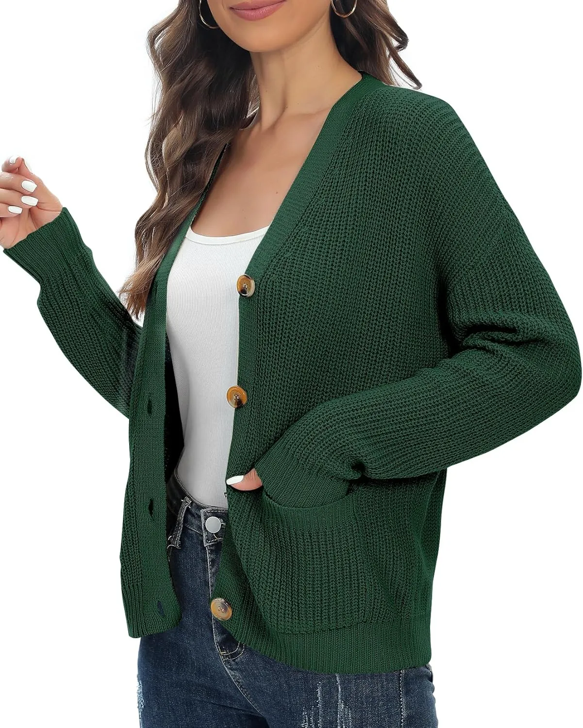 Urban CoCo Women's Lightweight Knit Open Front V-Neck Long Sleeve Button Down Casual Cardigan with Pockets