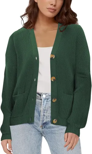 Urban CoCo Women's Lightweight Knit Open Front V-Neck Long Sleeve Button Down Casual Cardigan with Pockets