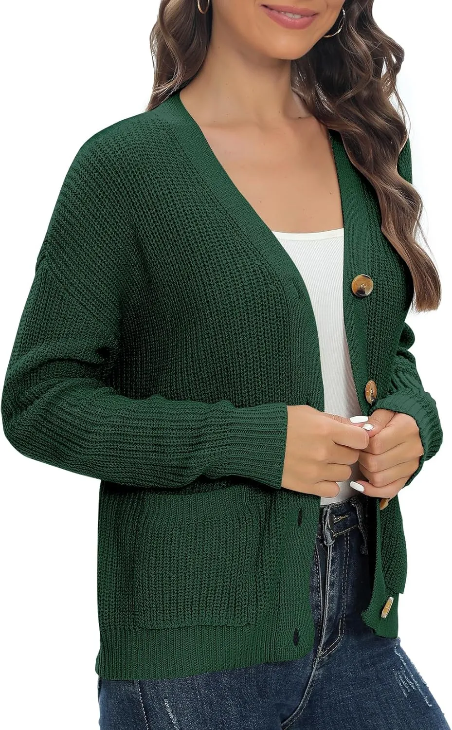 Urban CoCo Women's Lightweight Knit Open Front V-Neck Long Sleeve Button Down Casual Cardigan with Pockets