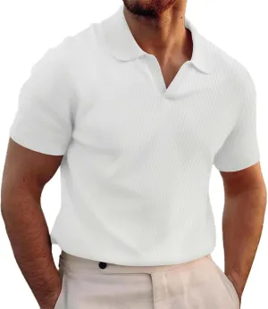 V Neck Waffle Polo Shirts for Men Short Sleeve Casual Textured Golf Shirts Lapel Collar Knitted Muscle Tee Shirts