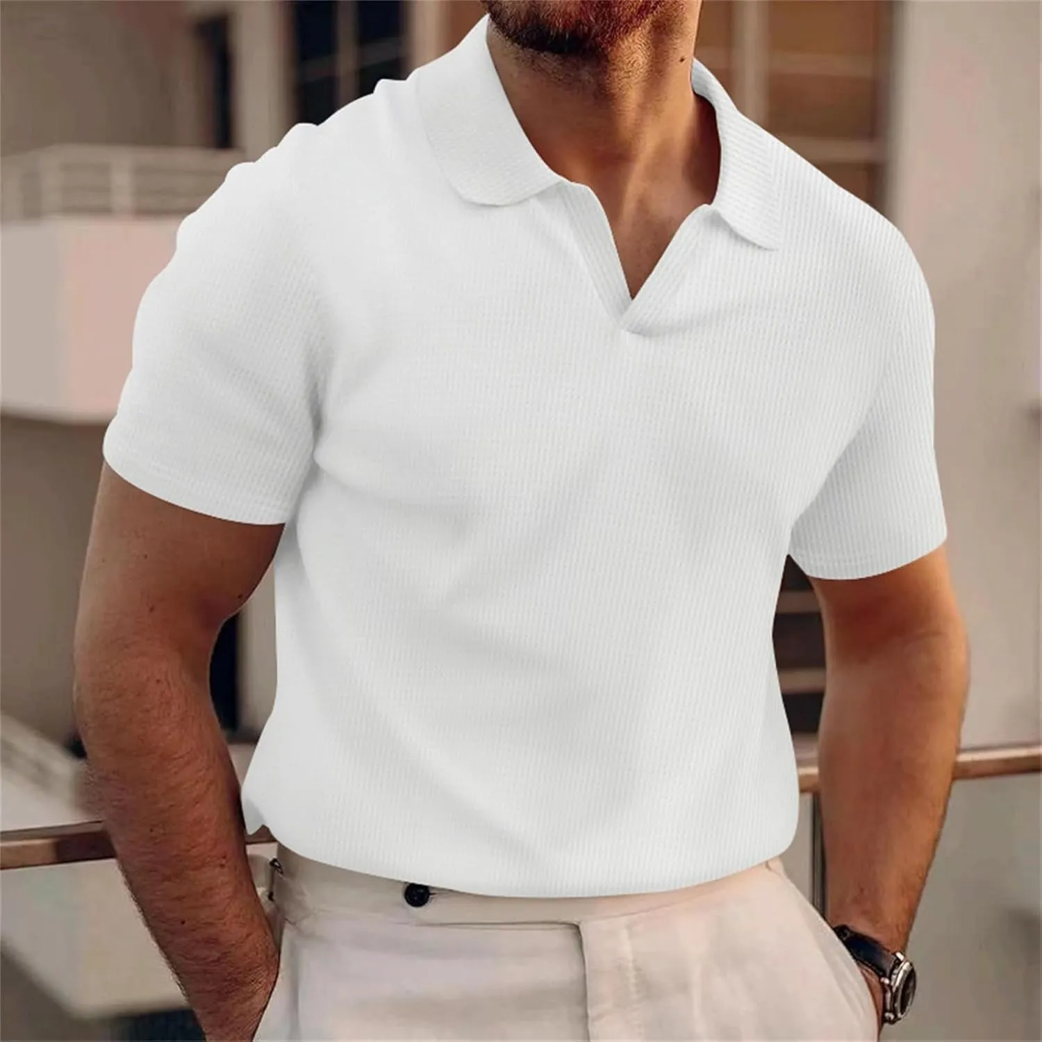 V Neck Waffle Polo Shirts for Men Short Sleeve Casual Textured Golf Shirts Lapel Collar Knitted Muscle Tee Shirts
