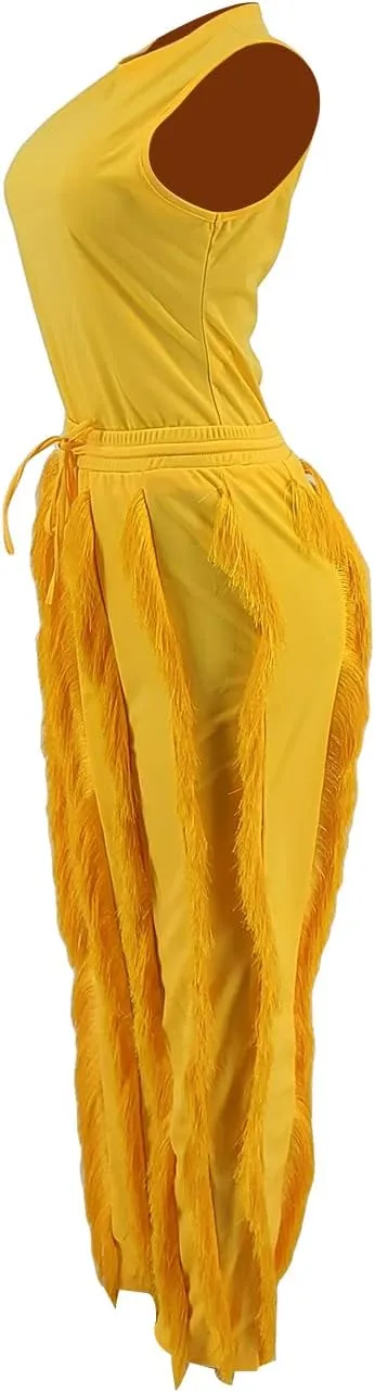 Vakkest Women's 2 Piece Outfits Sleeveless Tanks Top High Waist Fringe Long Pants Casual Tassels Bodycon Yoga Pants