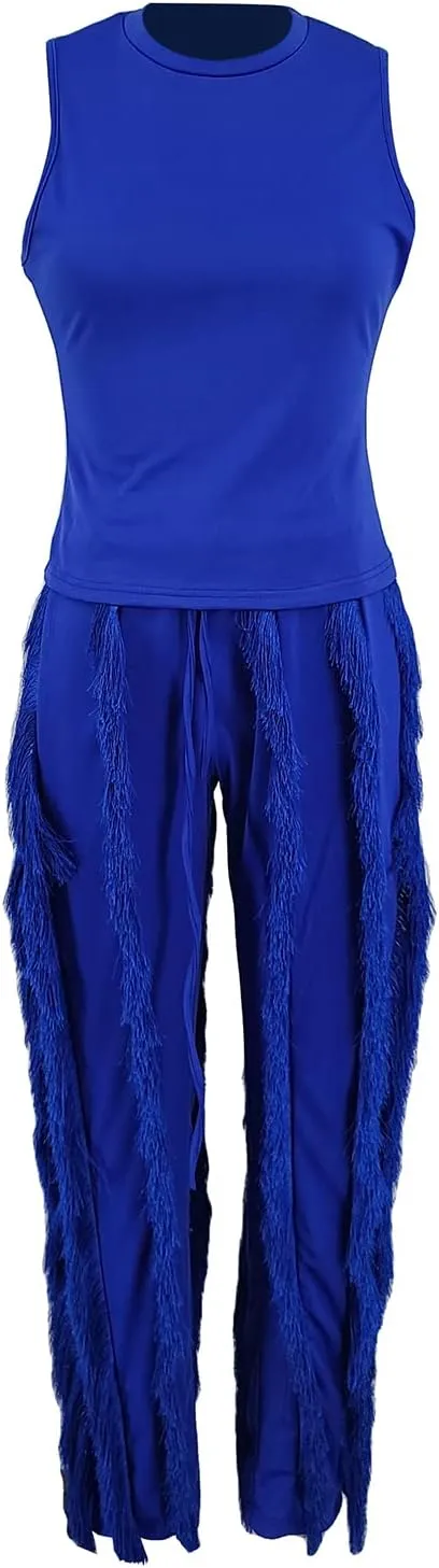 Vakkest Women's 2 Piece Outfits Sleeveless Tanks Top High Waist Fringe Long Pants Casual Tassels Bodycon Yoga Pants