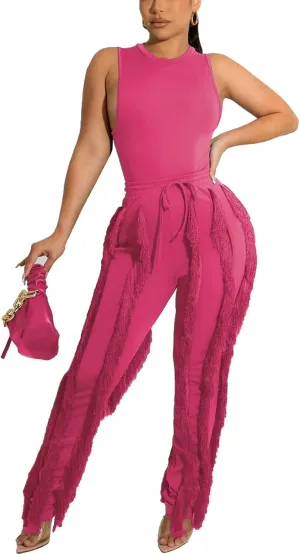 Vakkest Women's 2 Piece Outfits Sleeveless Tanks Top High Waist Fringe Long Pants Casual Tassels Bodycon Yoga Pants