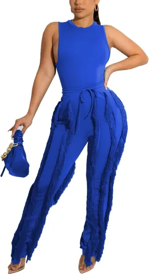 Vakkest Women's 2 Piece Outfits Sleeveless Tanks Top High Waist Fringe Long Pants Casual Tassels Bodycon Yoga Pants
