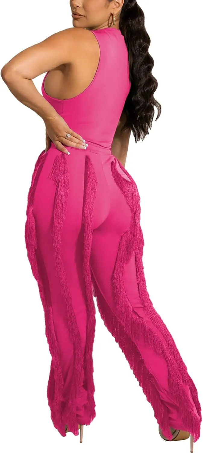 Vakkest Women's 2 Piece Outfits Sleeveless Tanks Top High Waist Fringe Long Pants Casual Tassels Bodycon Yoga Pants