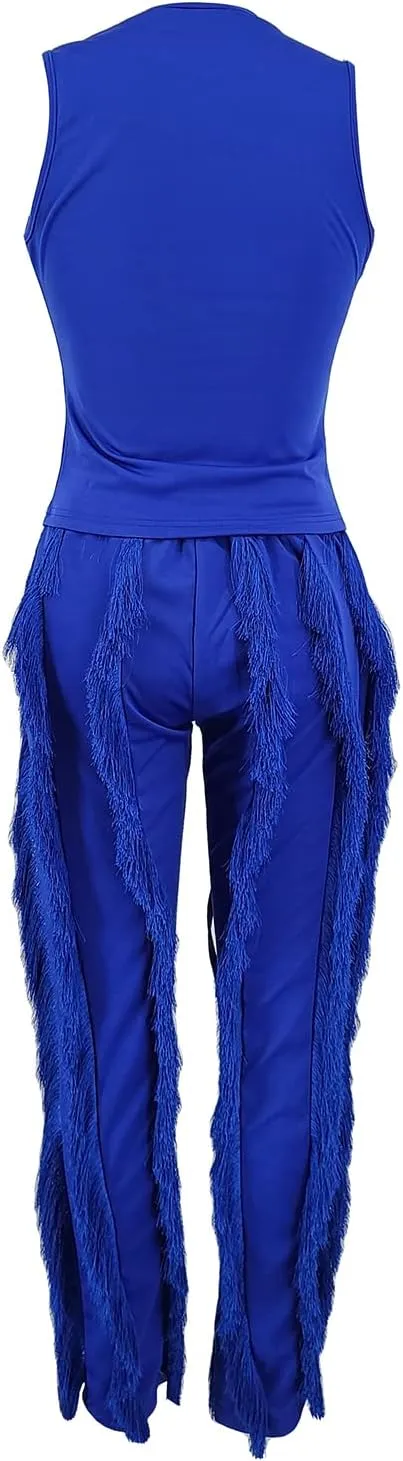 Vakkest Women's 2 Piece Outfits Sleeveless Tanks Top High Waist Fringe Long Pants Casual Tassels Bodycon Yoga Pants