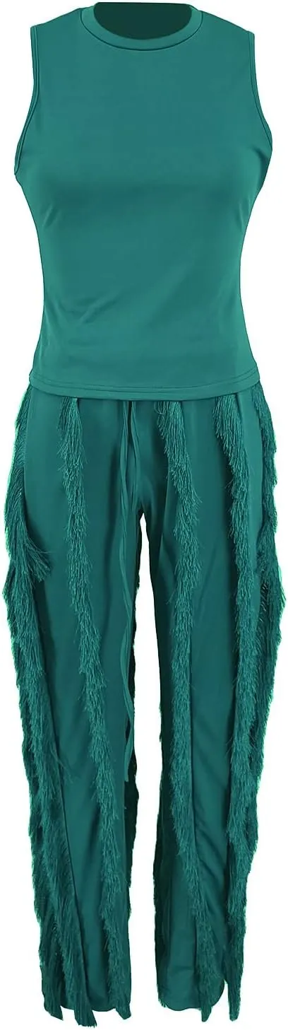 Vakkest Women's 2 Piece Outfits Sleeveless Tanks Top High Waist Fringe Long Pants Casual Tassels Bodycon Yoga Pants