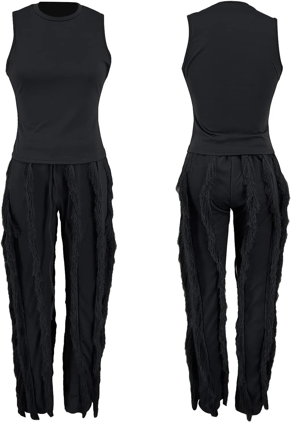 Vakkest Women's 2 Piece Outfits Sleeveless Tanks Top High Waist Fringe Long Pants Casual Tassels Bodycon Yoga Pants