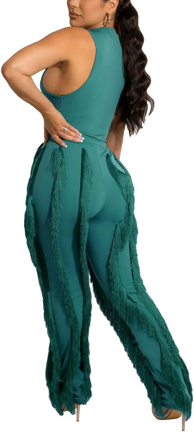 Vakkest Women's 2 Piece Outfits Sleeveless Tanks Top High Waist Fringe Long Pants Casual Tassels Bodycon Yoga Pants