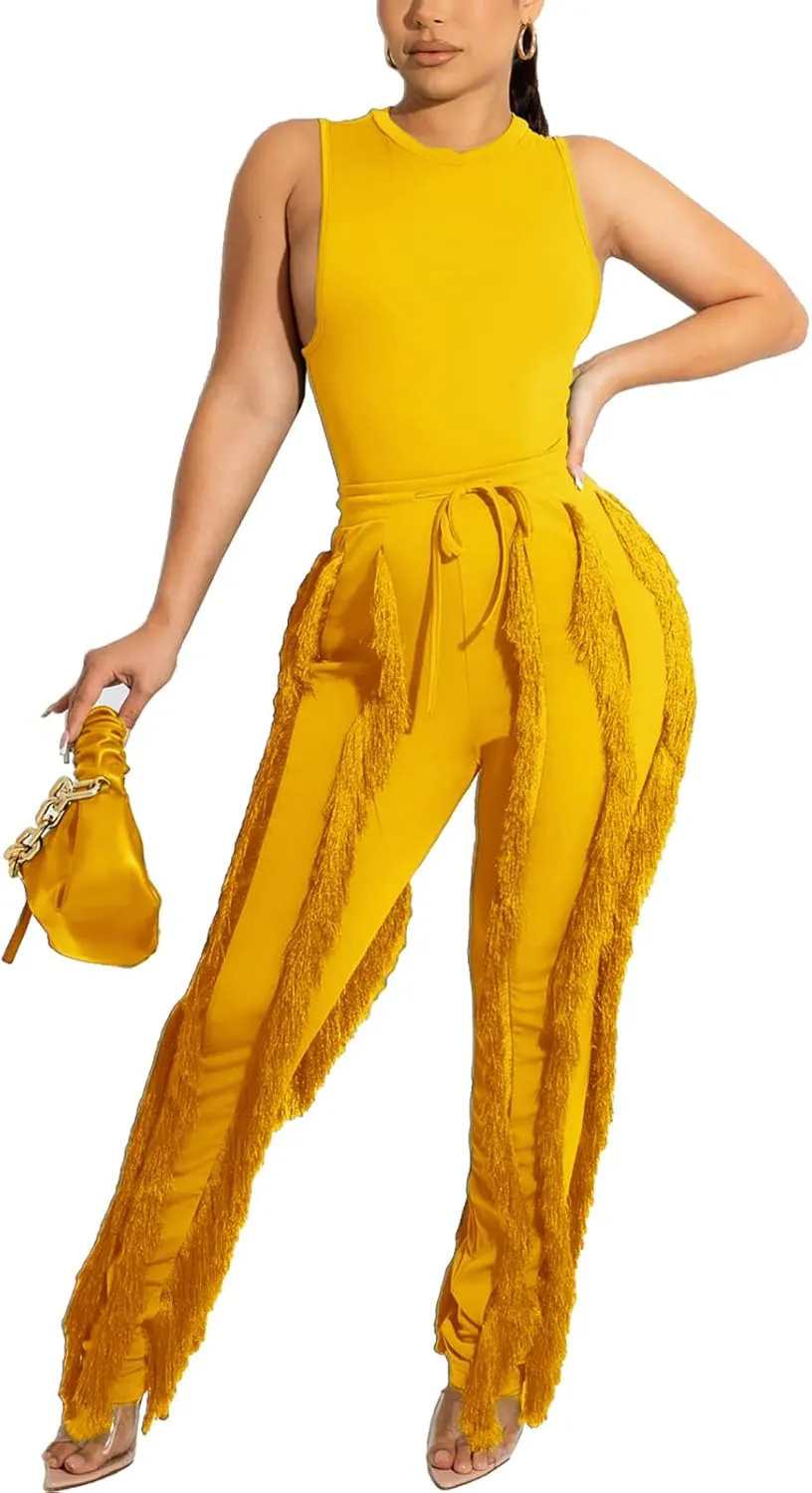 Vakkest Women's 2 Piece Outfits Sleeveless Tanks Top High Waist Fringe Long Pants Casual Tassels Bodycon Yoga Pants