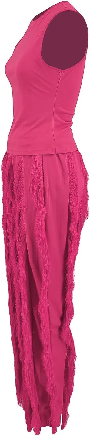 Vakkest Women's 2 Piece Outfits Sleeveless Tanks Top High Waist Fringe Long Pants Casual Tassels Bodycon Yoga Pants