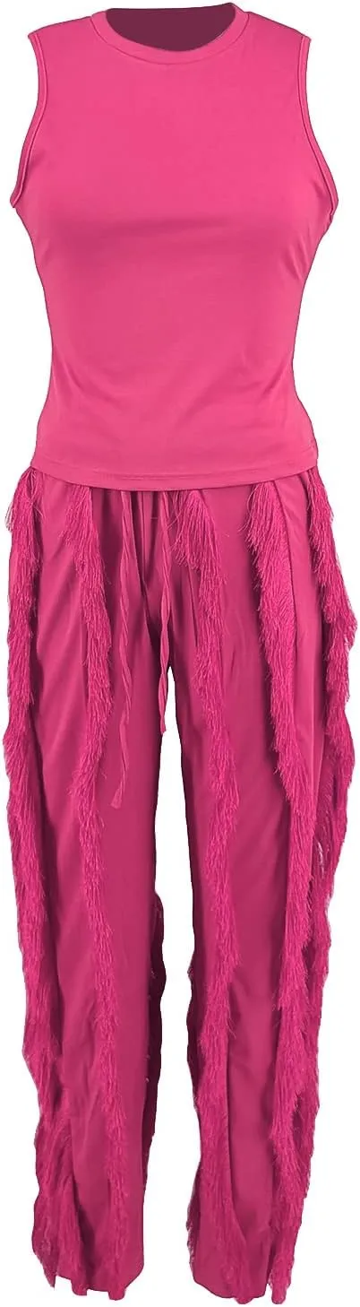 Vakkest Women's 2 Piece Outfits Sleeveless Tanks Top High Waist Fringe Long Pants Casual Tassels Bodycon Yoga Pants