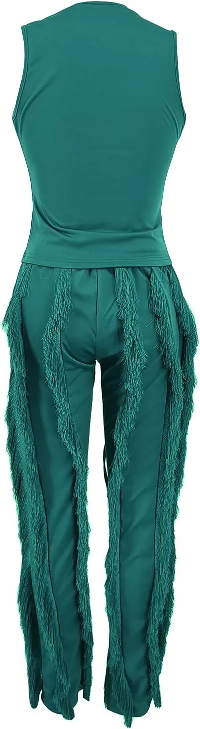 Vakkest Women's 2 Piece Outfits Sleeveless Tanks Top High Waist Fringe Long Pants Casual Tassels Bodycon Yoga Pants