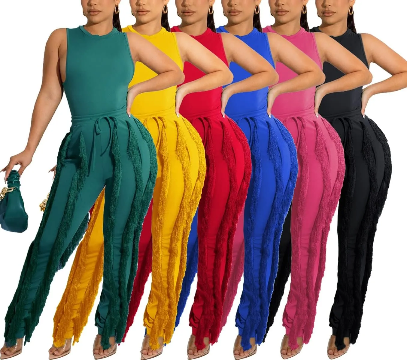 Vakkest Women's 2 Piece Outfits Sleeveless Tanks Top High Waist Fringe Long Pants Casual Tassels Bodycon Yoga Pants