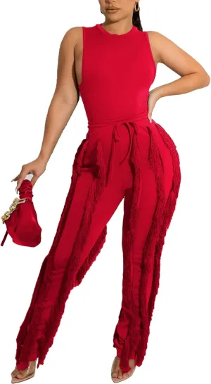 Vakkest Women's 2 Piece Outfits Sleeveless Tanks Top High Waist Fringe Long Pants Casual Tassels Bodycon Yoga Pants