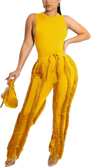 Vakkest Women's 2 Piece Outfits Sleeveless Tanks Top High Waist Fringe Long Pants Casual Tassels Bodycon Yoga Pants