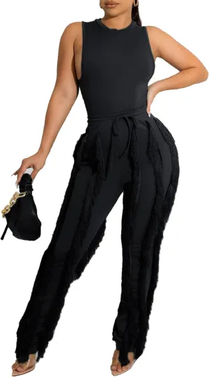 Vakkest Women's 2 Piece Outfits Sleeveless Tanks Top High Waist Fringe Long Pants Casual Tassels Bodycon Yoga Pants
