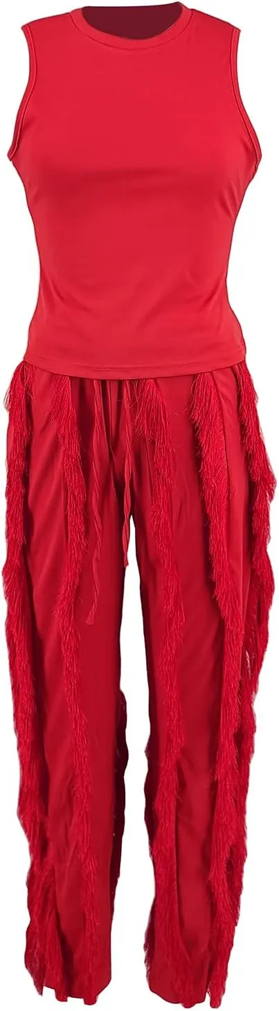 Vakkest Women's 2 Piece Outfits Sleeveless Tanks Top High Waist Fringe Long Pants Casual Tassels Bodycon Yoga Pants