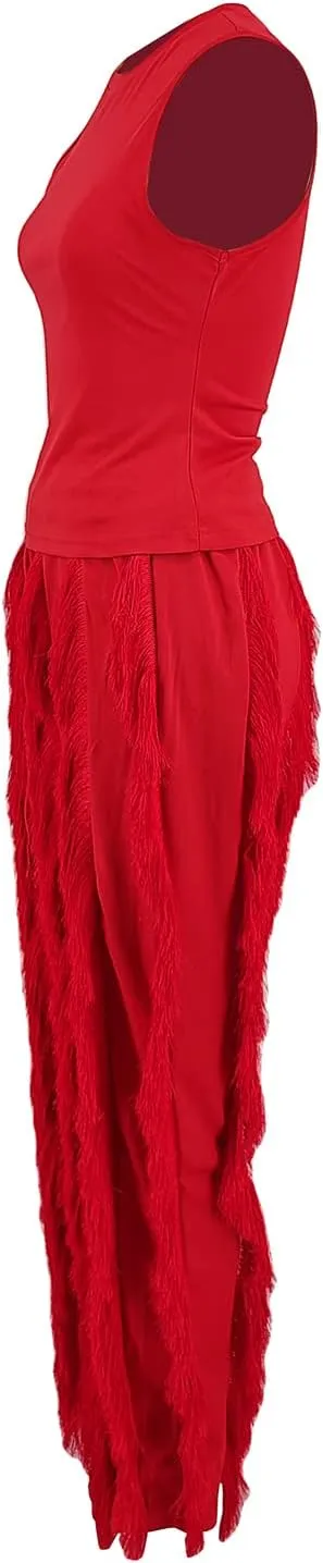 Vakkest Women's 2 Piece Outfits Sleeveless Tanks Top High Waist Fringe Long Pants Casual Tassels Bodycon Yoga Pants