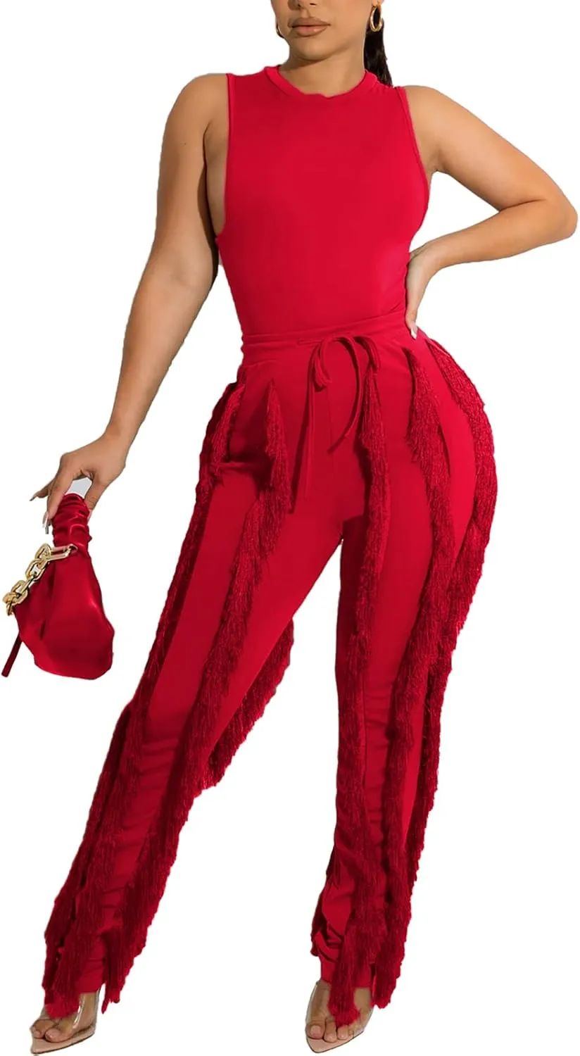 Vakkest Women's 2 Piece Outfits Sleeveless Tanks Top High Waist Fringe Long Pants Casual Tassels Bodycon Yoga Pants