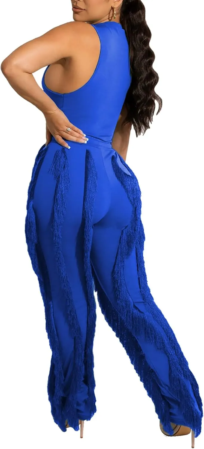 Vakkest Women's 2 Piece Outfits Sleeveless Tanks Top High Waist Fringe Long Pants Casual Tassels Bodycon Yoga Pants