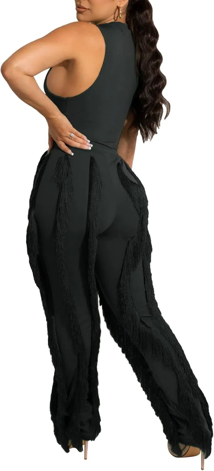 Vakkest Women's 2 Piece Outfits Sleeveless Tanks Top High Waist Fringe Long Pants Casual Tassels Bodycon Yoga Pants