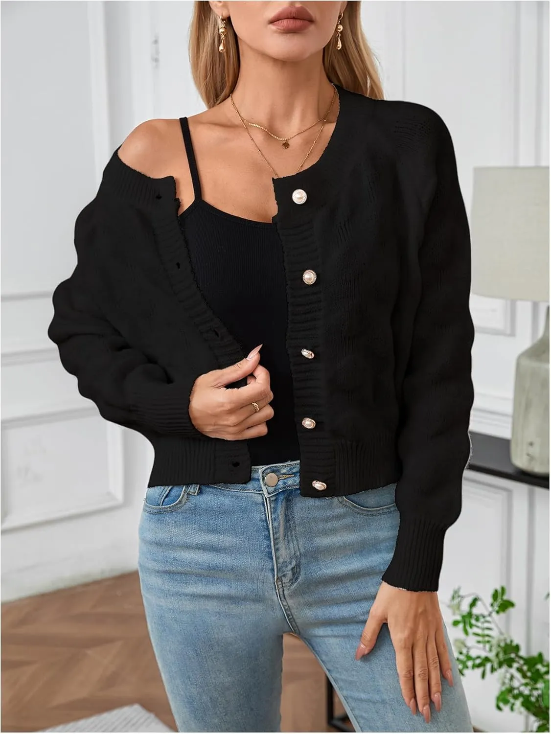 Verdusa Women's Button Up Bishop Long Sleeve Crew Neck Textured Knit Cardigan Sweaters Outerwear