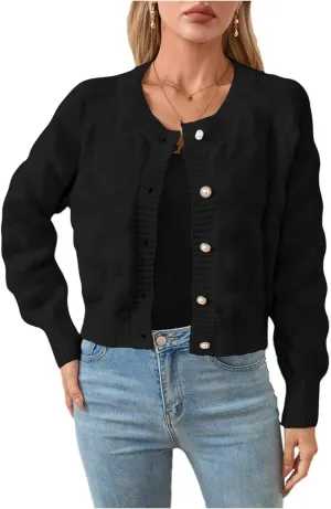 Verdusa Women's Button Up Bishop Long Sleeve Crew Neck Textured Knit Cardigan Sweaters Outerwear