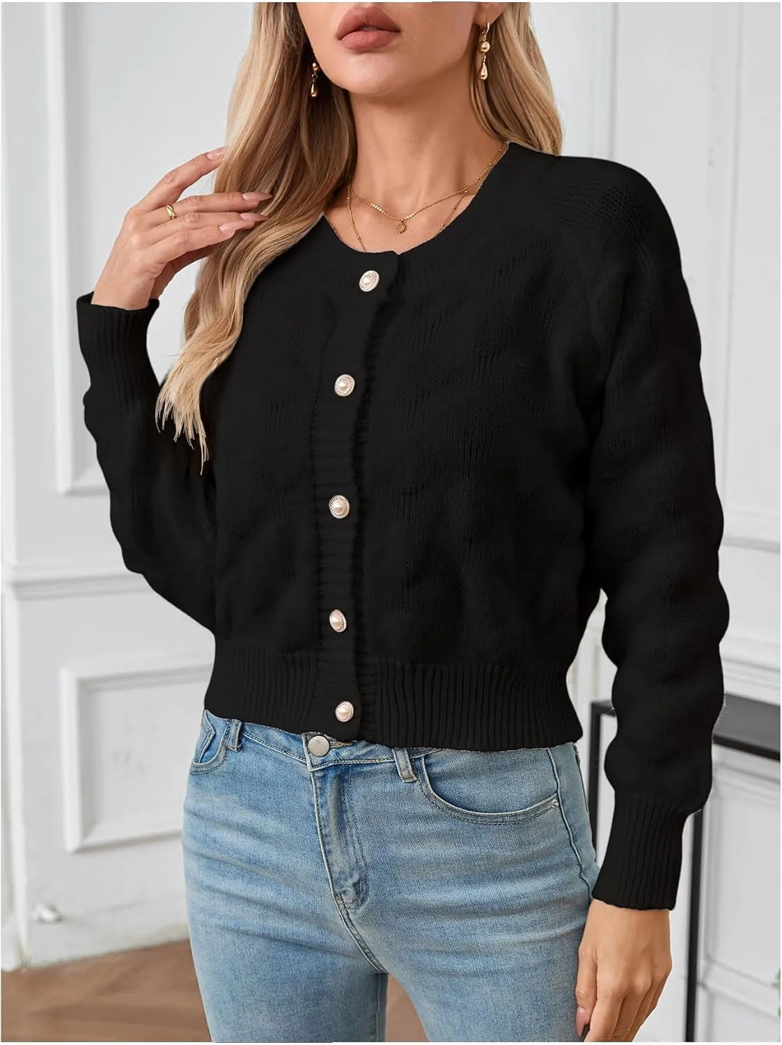 Verdusa Women's Button Up Bishop Long Sleeve Crew Neck Textured Knit Cardigan Sweaters Outerwear