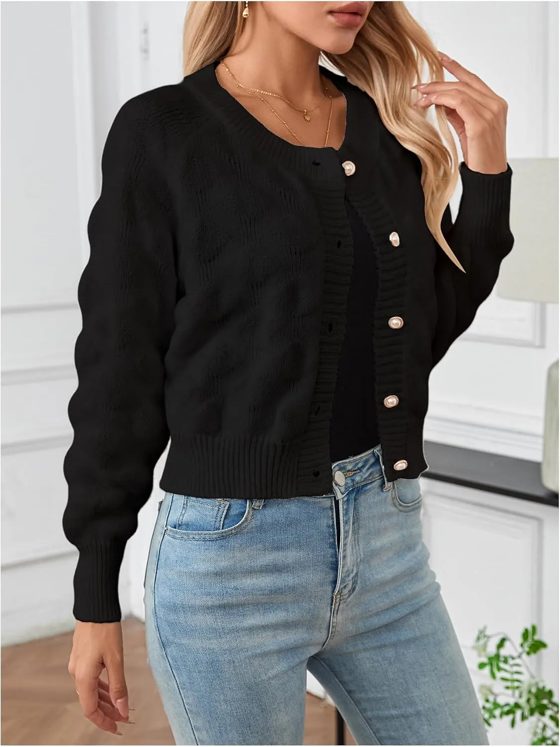 Verdusa Women's Button Up Bishop Long Sleeve Crew Neck Textured Knit Cardigan Sweaters Outerwear