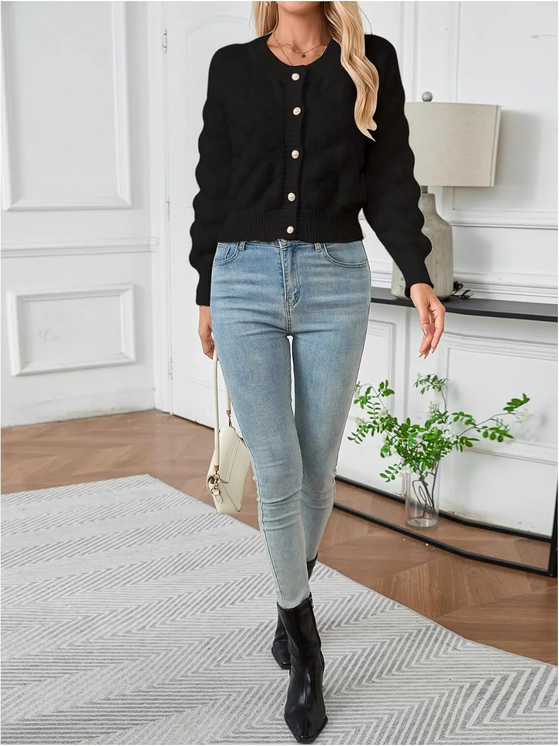 Verdusa Women's Button Up Bishop Long Sleeve Crew Neck Textured Knit Cardigan Sweaters Outerwear