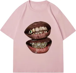 Verdusa Women's Lips Print Graphic Tees Y2k T Shirts Summer Crew Neck Vintage Going Out Tops