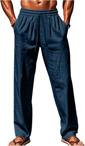 Vickyleb Mens Cotton Linen Pants Casual Straight Legs Loose Summer Beach Loose Trousers with Elastic Waist Drawstring